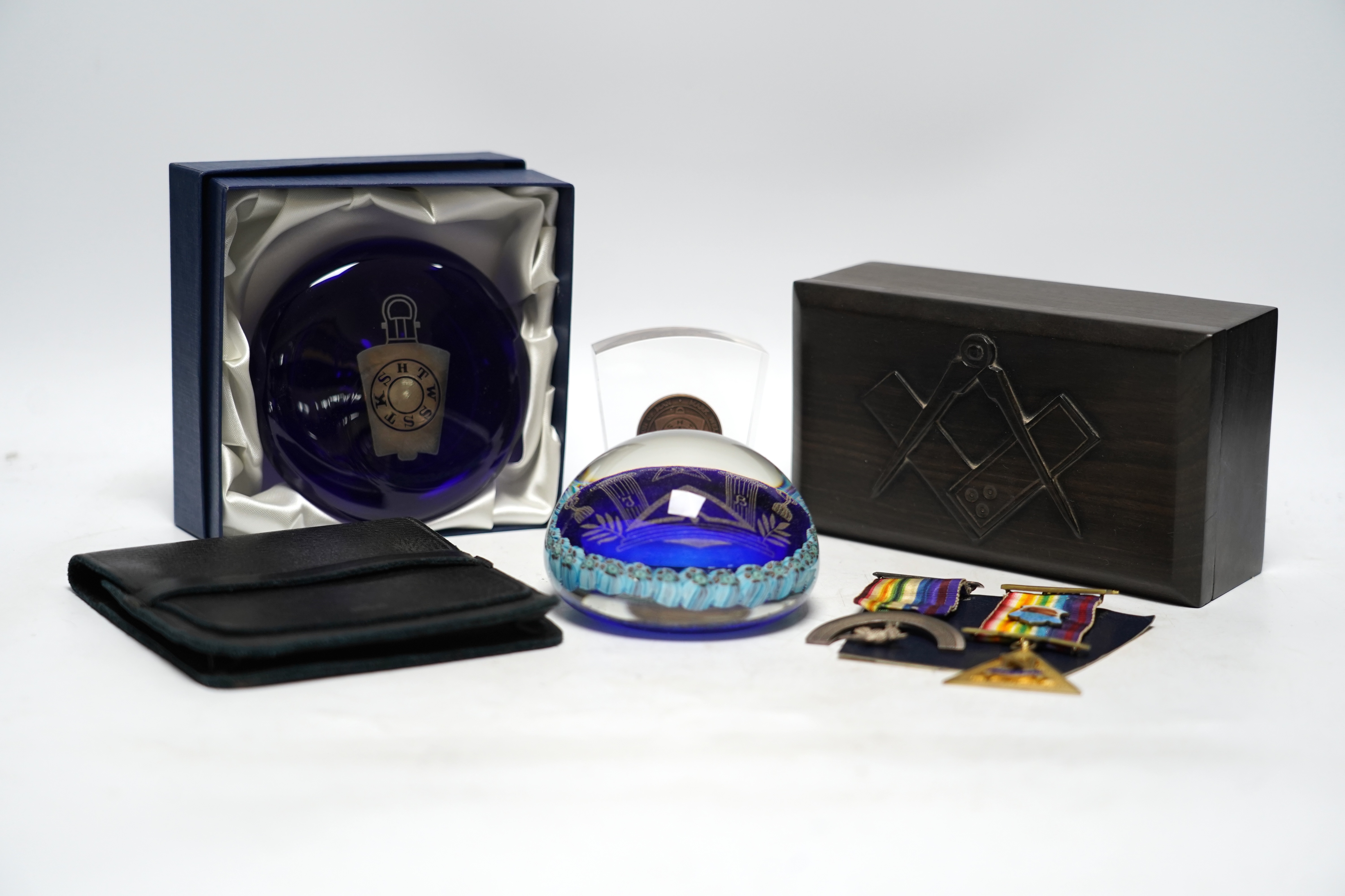 Lewes related Masonic items; to include a set of medals, a box, a box and two paperweights